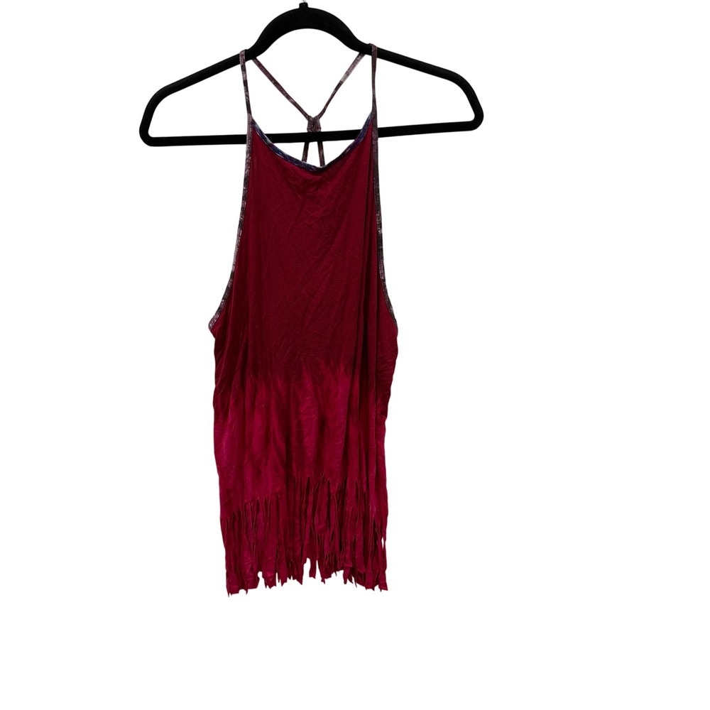 Womens XS Burgundy Fringe Halter Tank Top Boho Festival‎ Ombre Spaghetti Strap